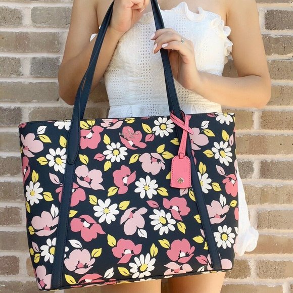 kate spade Handbags - Kate Spade Floral Printed Large Tote Dark Blue Pink Multi